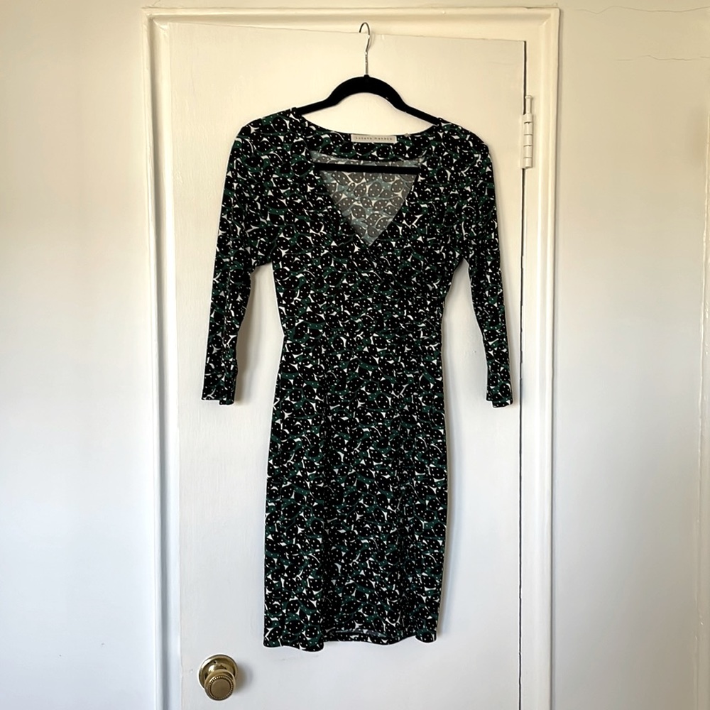 Susana Monoco. Quarter length wrap style dress. Green, Black, White pattern.